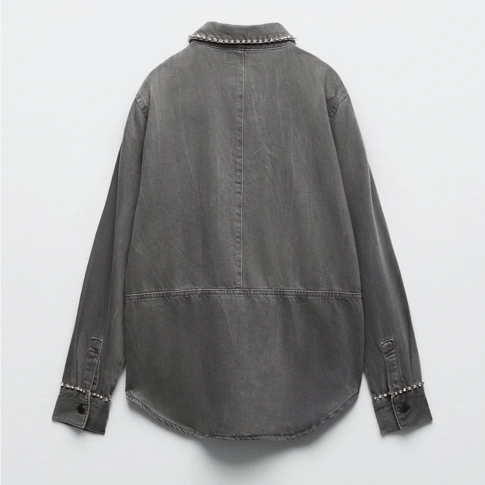 Women Zara Rhinestone Denim Overshirt Size XS - Picture 8 of 11
